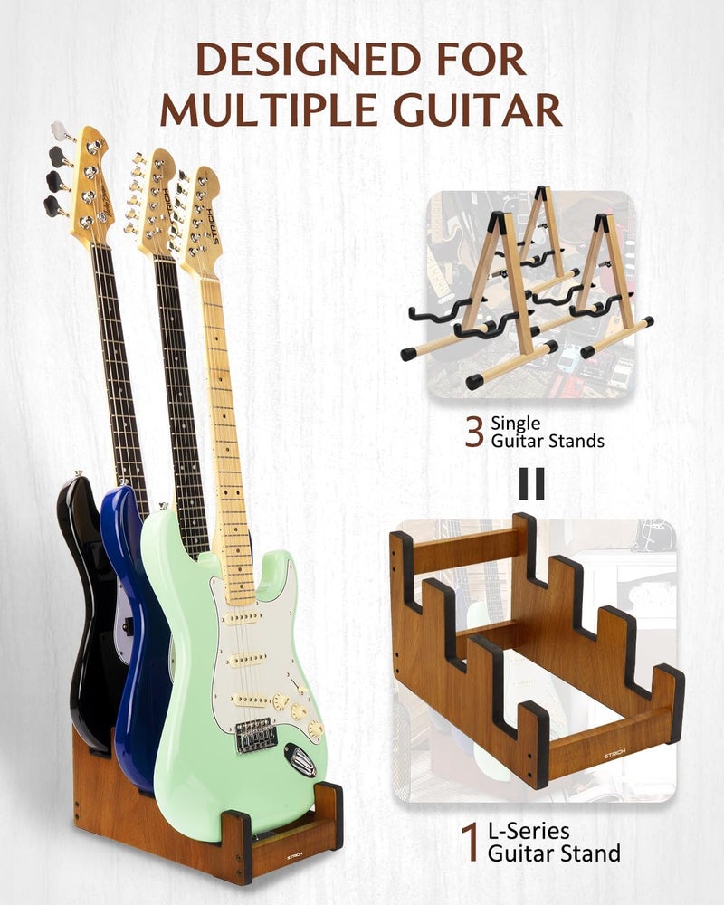 STRICH Wooden Guitar Stand for Multiple Guitars, 3-Holder, Front Display Space-Saving Floor Guitar Rack for Home, Studio, Stage, Mahogany Color, L-3EM (For 3 Electric/Bass) - Image 1